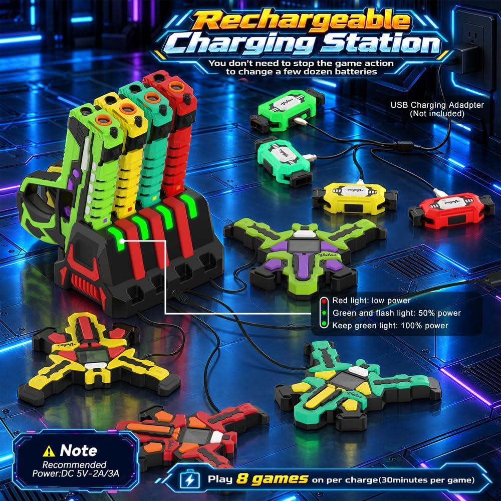 VATOS Rechargeable Laser Tag Set for 4 Players - 360° Combat, 2.4GHz Real-time Data Sync, Night Ready & 5 Weapon Modes - 4 Guns 4 Vests 4 Rear Receivers - Birthday Gifts for Kids Teens
