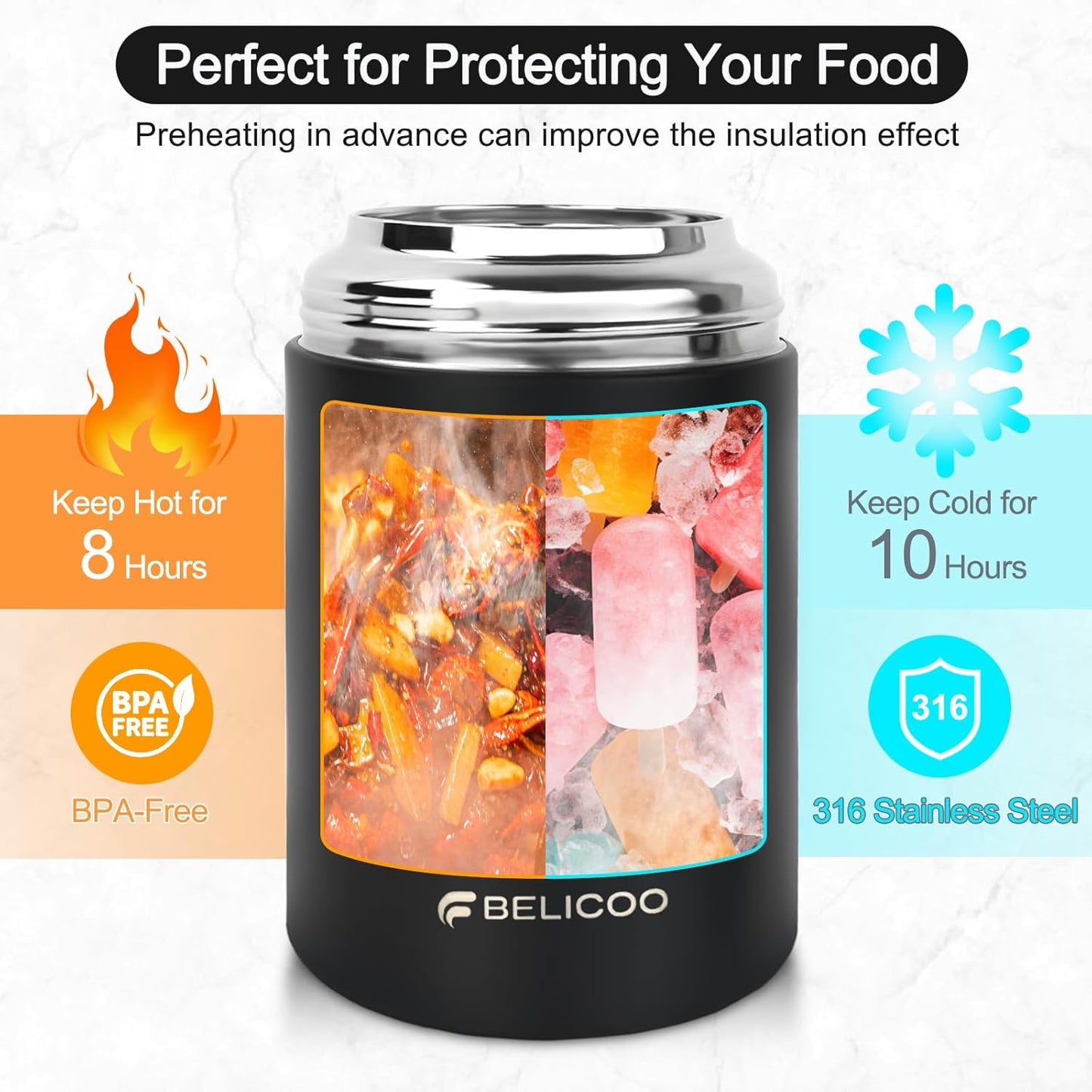 Food Flask, 600ml (21oz) 316 Stainless Steel Vacuum Insulated Food Container, Food Flasks for Hot/Cold Food, Leak Proof Soup Containers with Bag & Spoon (Black)