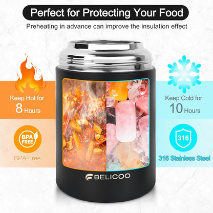 Food Flask, 600ml (21oz) 316 Stainless Steel Vacuum Insulated Food Container, Food Flasks for Hot/Cold Food, Leak Proof Soup Containers with Bag & Spoon (Black)