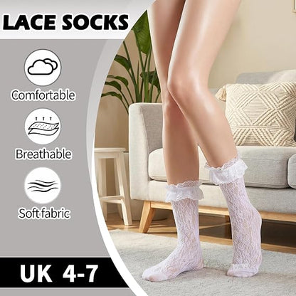 Zuimei 6 Pairs Womens Ruffle Socks,Lace Ruffle Socks,Womens Cotton Cute Ankle Sock for Girls Lolita Princess Accessories (White+dark brown+gray+beige+light brown+black)
