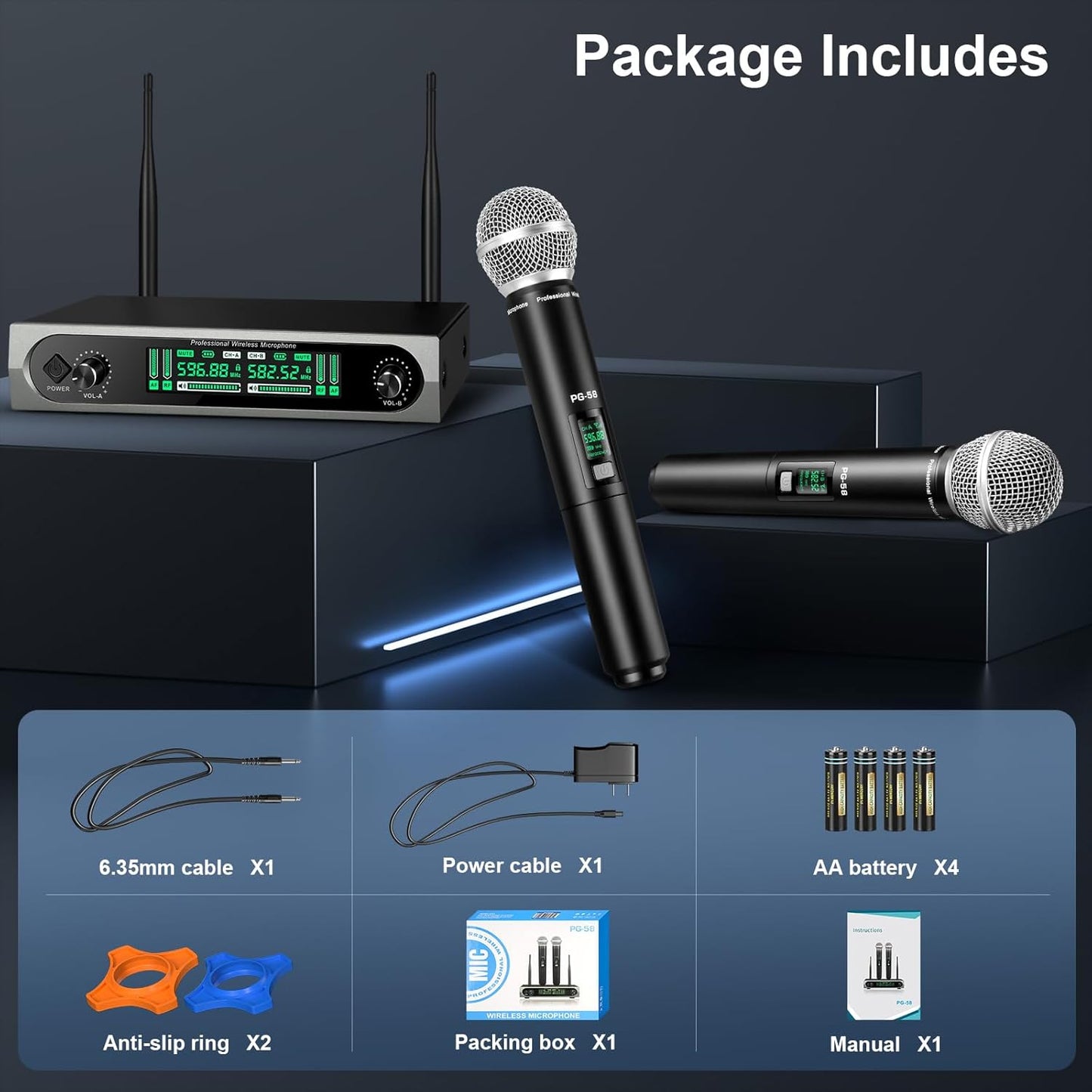 Wireless UHF Microphone System, w/ 2 Handhelds, Auto Scan,2x50 UHF Frequencies,200ft Range,Dynamic Microphone for Singing, Karaoke, Church