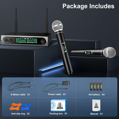 Wireless UHF Microphone System, w/ 2 Handhelds, Auto Scan,2x50 UHF Frequencies,200ft Range,Dynamic Microphone for Singing, Karaoke, Church