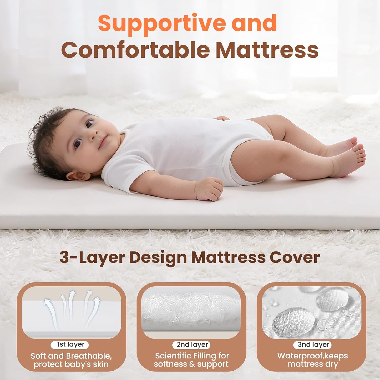 Next to Me Crib, 3 in 1 Baby Beside Crib for Babies from Birth to 9kg, Portable Travel Cot Bed with Wheels, Storage, Mosquito Net and Mattress Baby Co-Sleeper for Newborn Infant Beige
