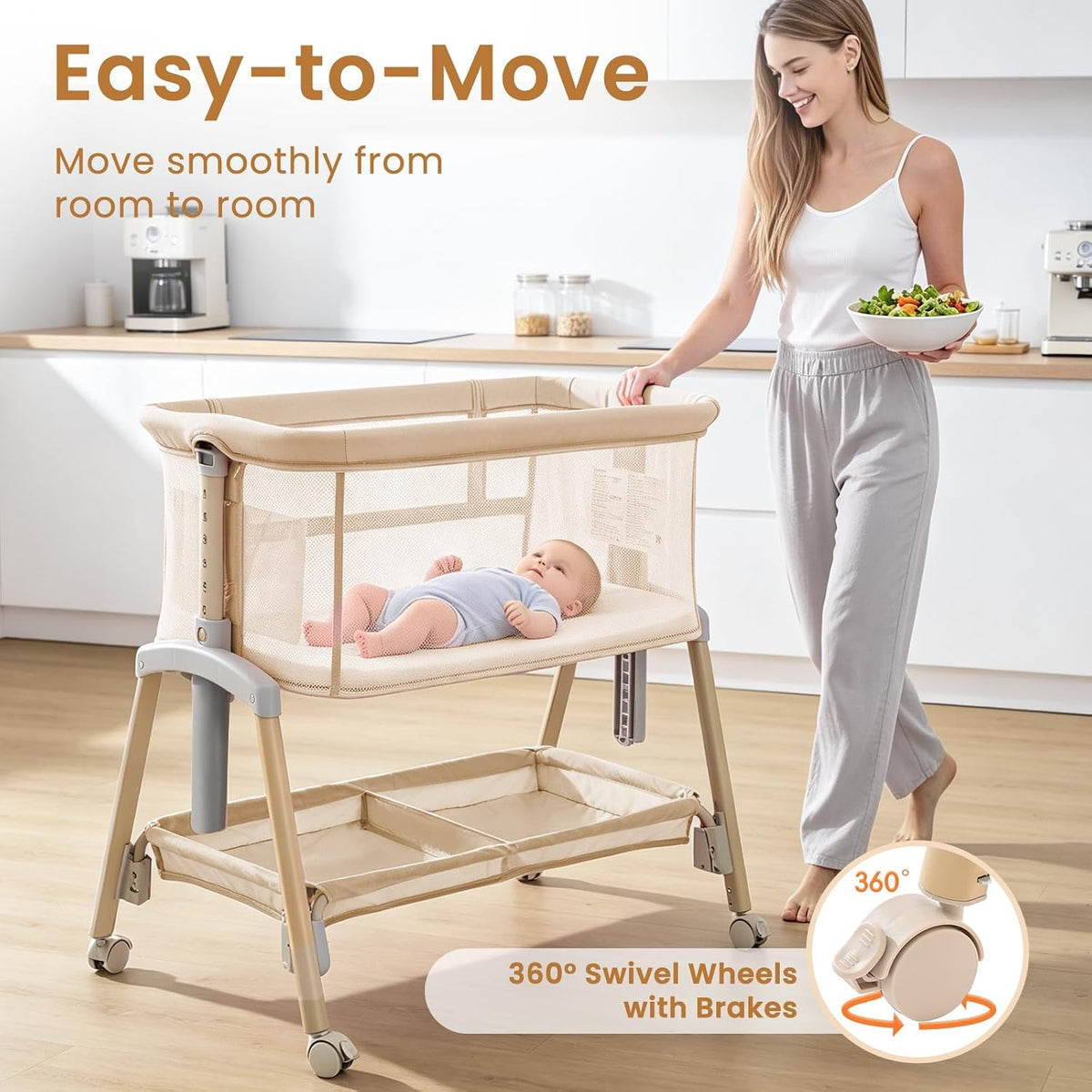 Next To Me Crib – Adjustable Baby Bed with Dropside, Premium Mattress, Breathable Mesh & Storage Shelf - No-Tool Assembly Bedside Baby Crib, Bassinet for Newborns 0–6 Months (Beige)