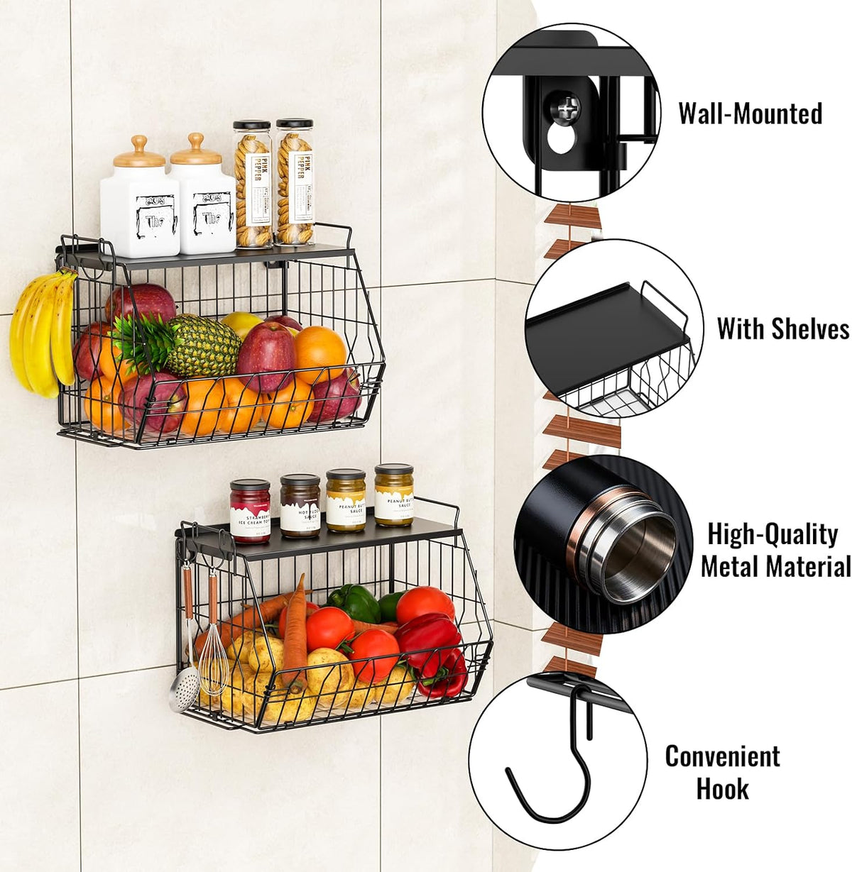 YSD 2-Tier Metal Storage Organizer Stackable Countertop & Wall Mount Shelf for Kitchen, Bathroom, Laundry - Hanging Fruit Basket, Vegetable Rack for Fruits, Veggies, Toiletries & Household Items