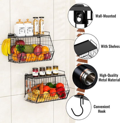 YSD 2-Tier Metal Storage Organizer Stackable Countertop & Wall Mount Shelf for Kitchen, Bathroom, Laundry - Hanging Fruit Basket, Vegetable Rack for Fruits, Veggies, Toiletries & Household Items