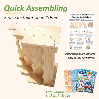 Scalloped Kids Bookshelf, 3-Tier Montessori Toddler Bookcase, Front-Facing Book Organizer with Handle, Solid Pine Wood, Nursery Book Shelves for Bedroom Playroom Classroom & Reading Corner