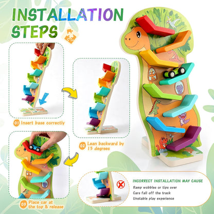 Dinosaur Wooden Car Ramp with 4 Mini Cars - Toys for 1 2 3 Year Olds Boys