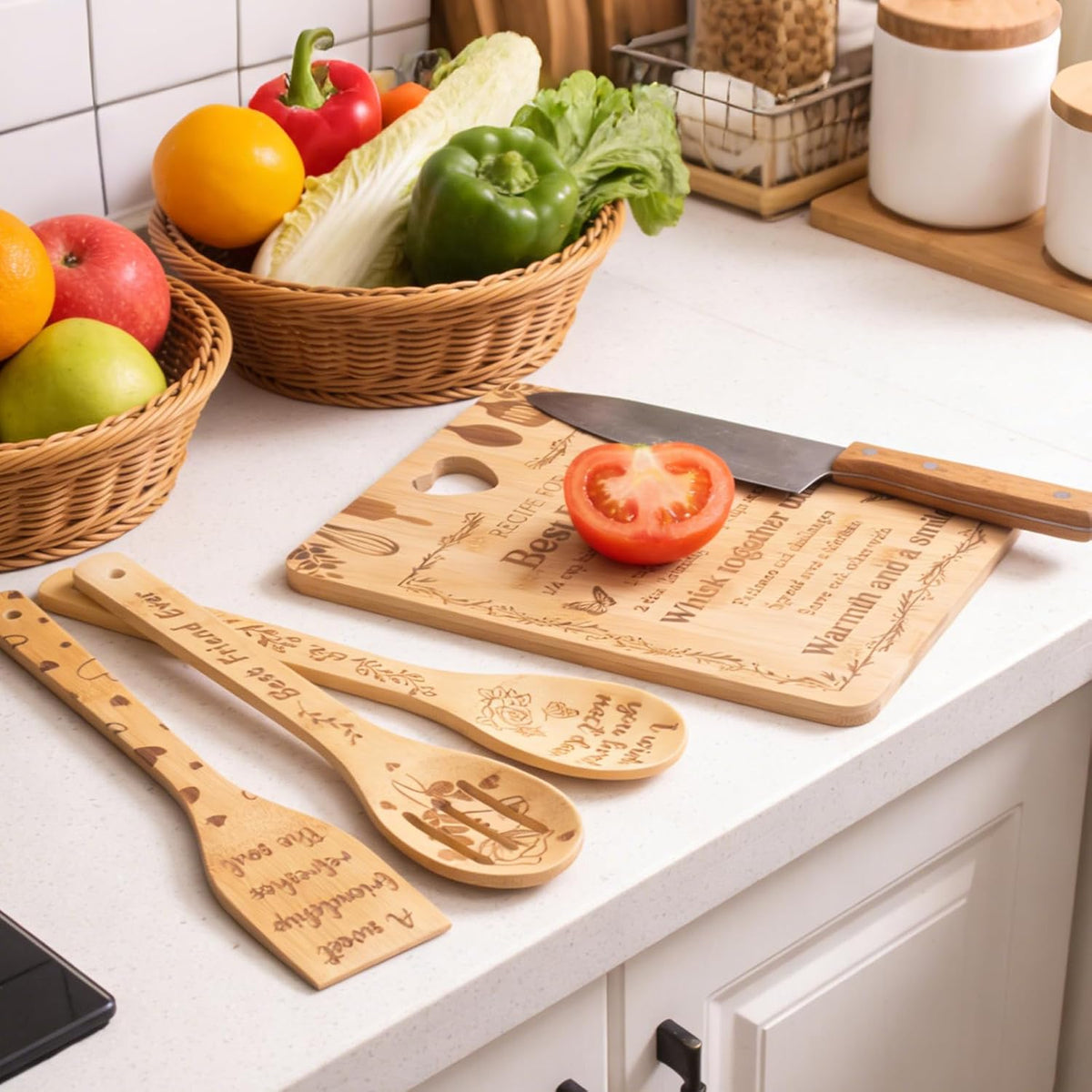 Chopping Board Set Kitchen Gift, Birthday Gifts for Sister, Unique Handmade Engraved Cutting Board with 3 Spoons