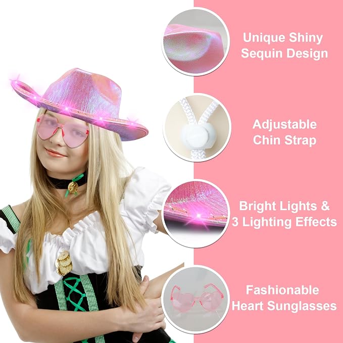 Tanganan Light Up Cowboy Hat for Women Men,Halloween Costume LED Cowgirl Hats Western Cow Girl Hat Sparkly Space Cowboy Hats for Partys Halloween Costume Dress Up