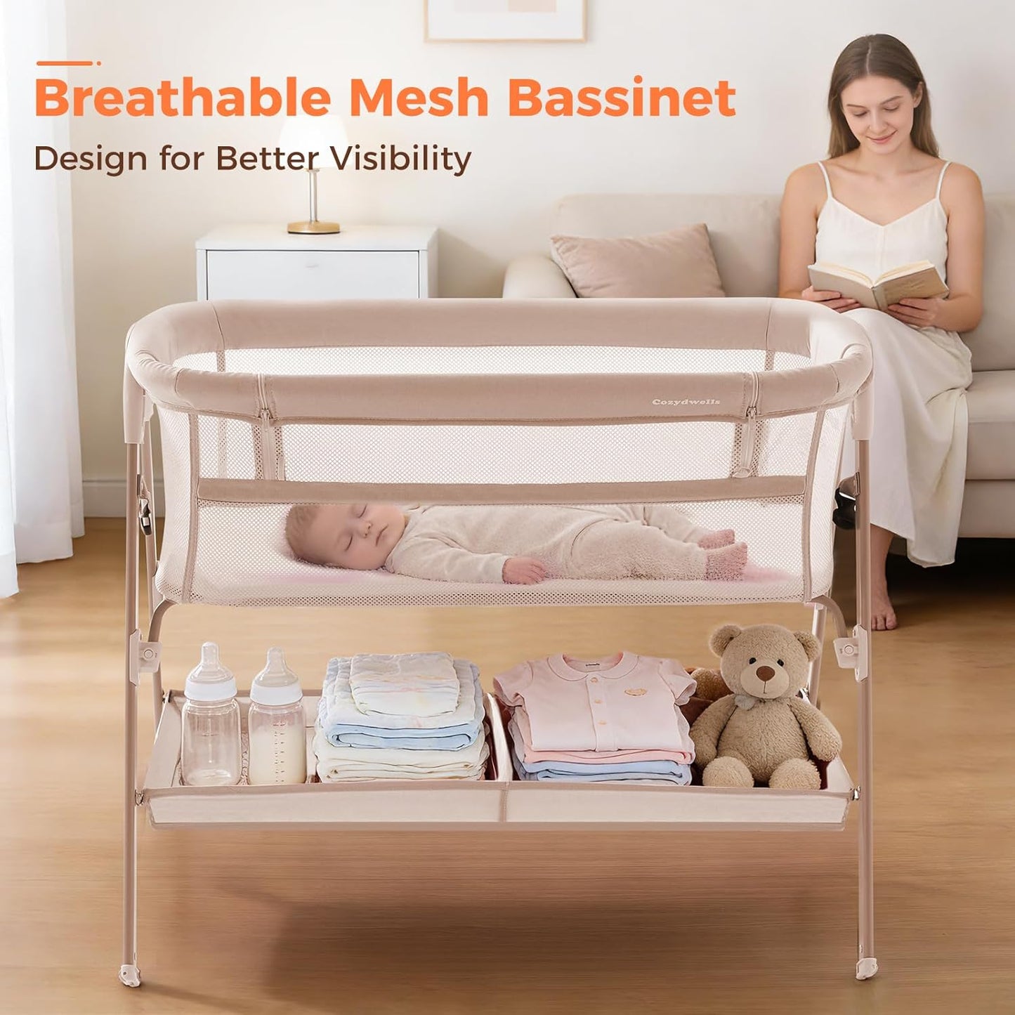 Next to Me Crib, 3 in 1 Baby Beside Crib for Babies from Birth to 9kg, Portable Travel Cot Bed with Wheels, Storage, Mosquito Net and Mattress Baby Co-Sleeper for Newborn Infant Beige