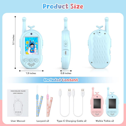 Kids Video Walkie Talkies 2 Pack, Rechargeable Walkie Talkies with Voice Changer & Sticker Effect, Long Range Video Intercom for Indoor Outdoor Games, Birthday Gifts for 3-10 Year Old Boys Girls