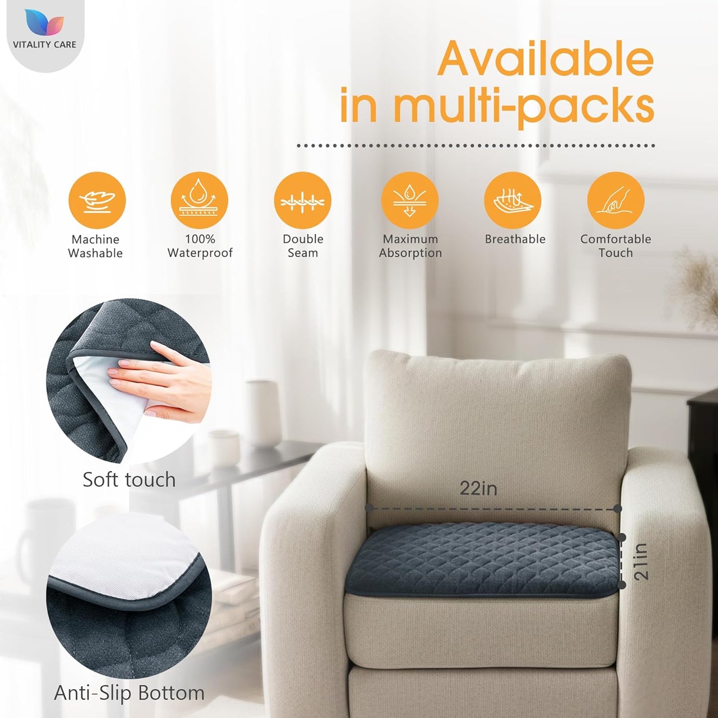 Vitality Care Chair Protector Pad with Waterproof Backing and Non-Slip Base, Washable 4-Layer Design for Chairs and Wheelchairs, Blue, 53x56cm NEW - DAMAGED PACKAGING