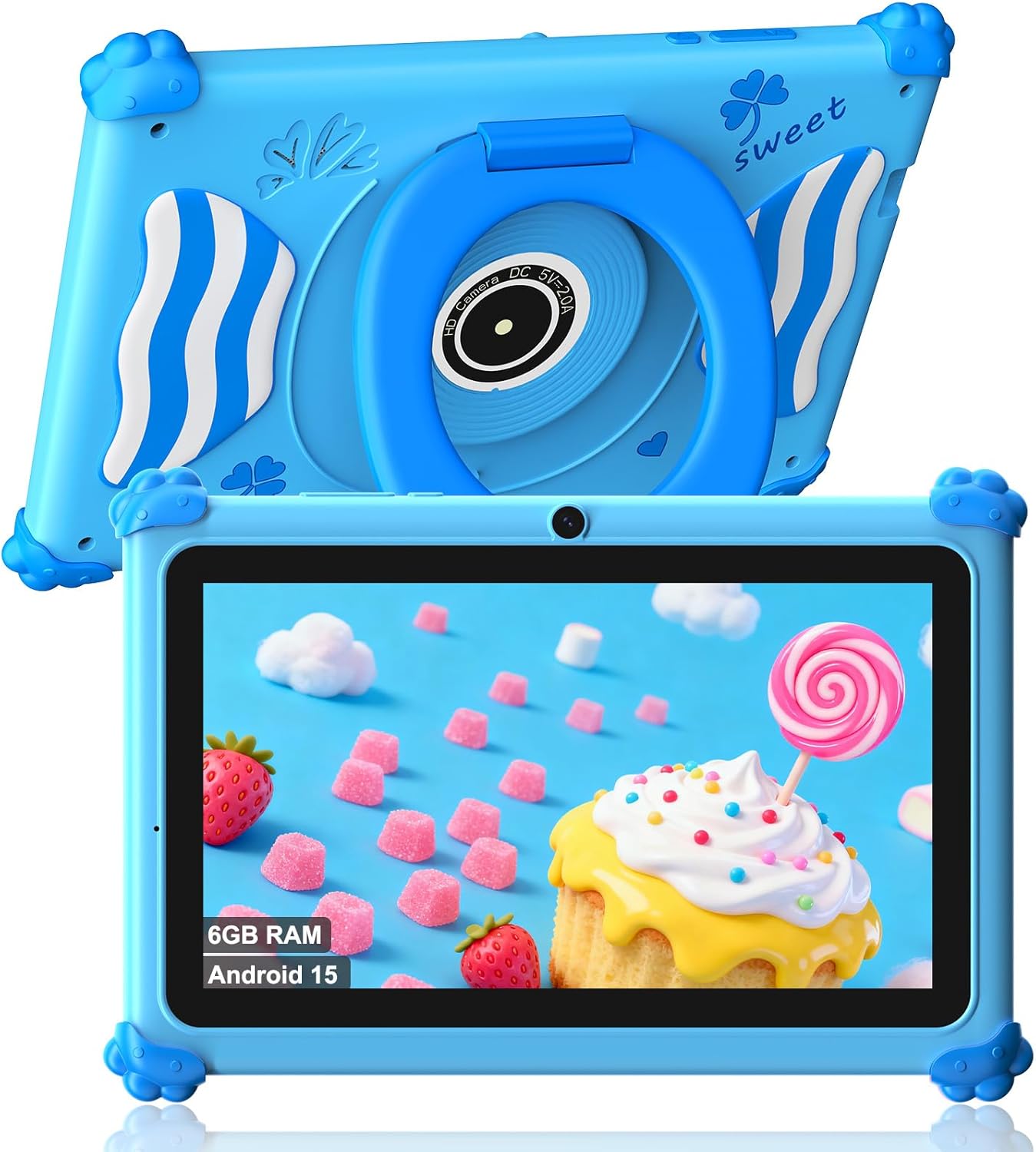 Kids Tablets 7 Inch Android 15 Toddler Tablet for Kids with 2.4G+5G WiFi6 Penta Core 6GB RAM 32GB ROM Baby Tablet Dual Camera 128GB Expandable Parental Control Educational Games (Blue)