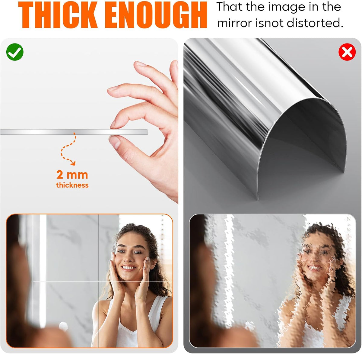 4 Pack 20x20cm Self Adhesive Mirror Tiles 2MM Thick Flexible Decorative Plastic Mirror Sheets Adhesive Mirror Stickers