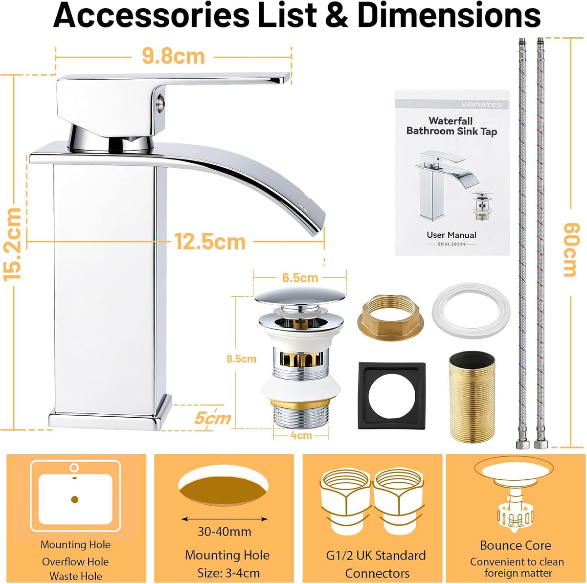 Waterfall Bathroom Basin Mixer Tap, 304 Stainless Steel with Pop-Up Waste