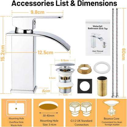 Waterfall Bathroom Basin Mixer Tap, 304 Stainless Steel with Pop-Up Waste