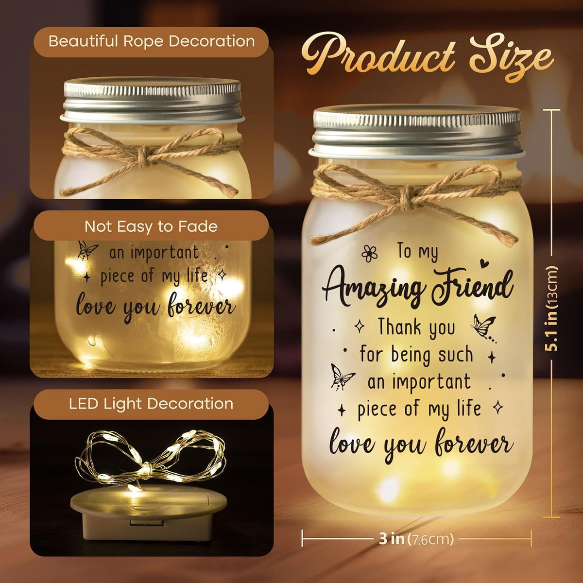 Friendship Gifts for Women, Amazing Friend Mason Jar Night Light [Energy Class G]