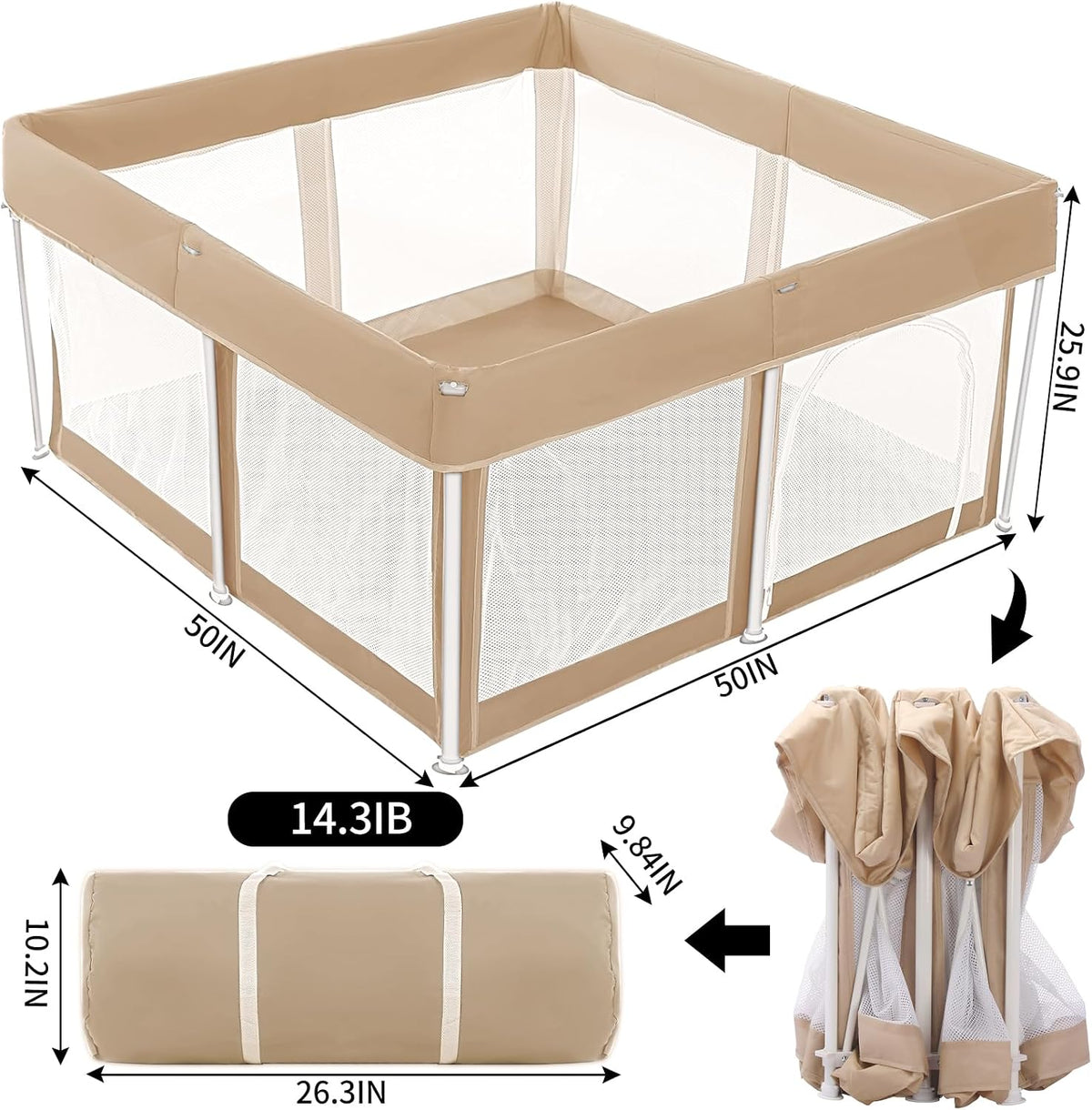 cosyumhy 127 x 127 cm Foldable Baby Playpen, Portable Playpen with Door, Indoor/Outdoor Activity Center for Infants,Khaki