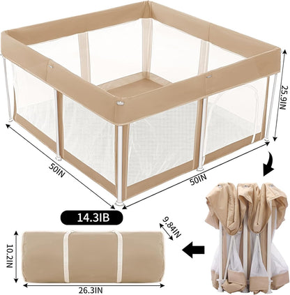cosyumhy 127 x 127 cm Foldable Baby Playpen, Portable Playpen with Door, Indoor/Outdoor Activity Center for Infants,Khaki