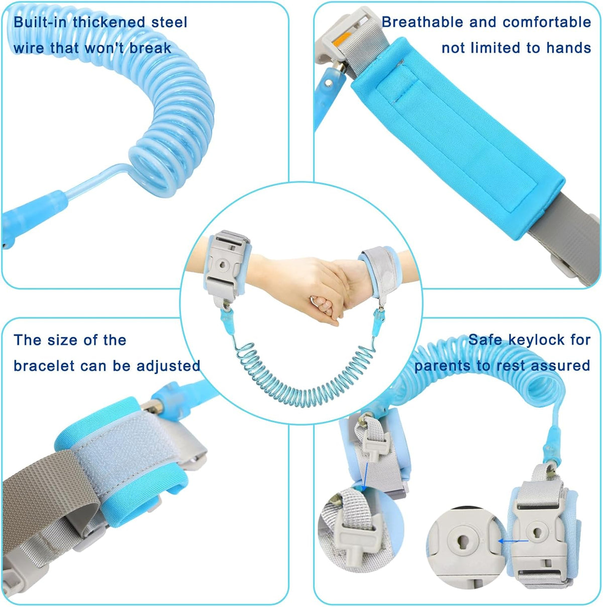 10 Pcs Anti Lost Safety Wrist Link Belt Set, 2.5M Anti-Lost Wrist Strap with Key Lock and Whistle, Safety ID Wristbands for Children, Anti Escape Car Seat Saf BLUE