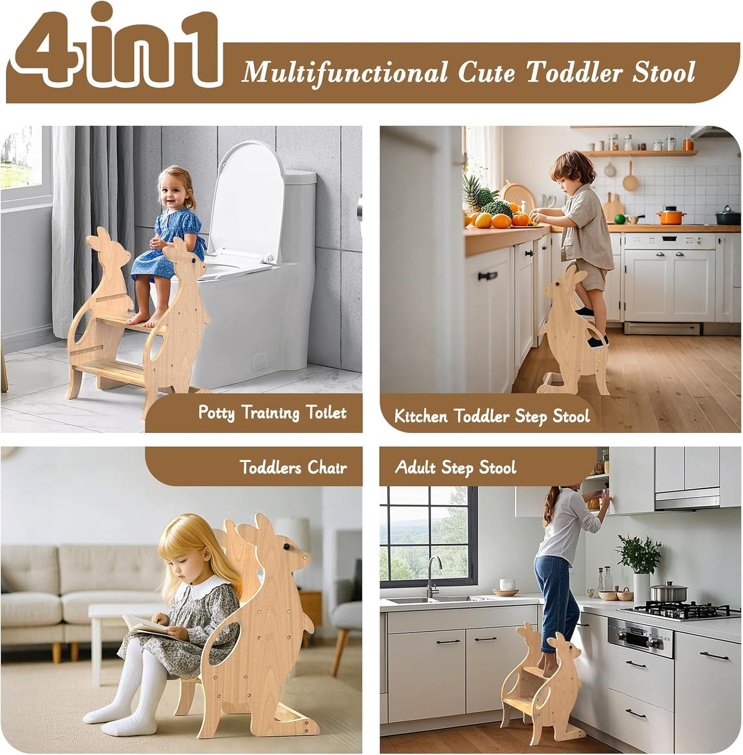 Wooden Toddler Step Stool for Bathroom Sink, Adjustable Height 2 in 1 Toddler Kitchen Stool Helper Tower with Safety Rail Toilet Potty Training Kids Learning Standing Tower for Kitchen Counter