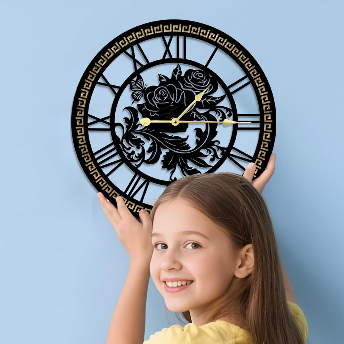 Large Wall Clock, Large Openwork Rose & Butterfly Wall Clocks, Silent Non Ticking Quartz Decorative Clock, Rust Resistant Metal Design, for Living Room, Bedroom, Kitchen
