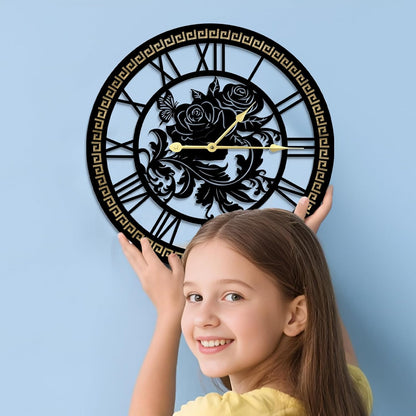 Large Wall Clock, Large Openwork Rose & Butterfly Wall Clocks, Silent Non Ticking Quartz Decorative Clock, Rust Resistant Metal Design, for Living Room, Bedroom, Kitchen