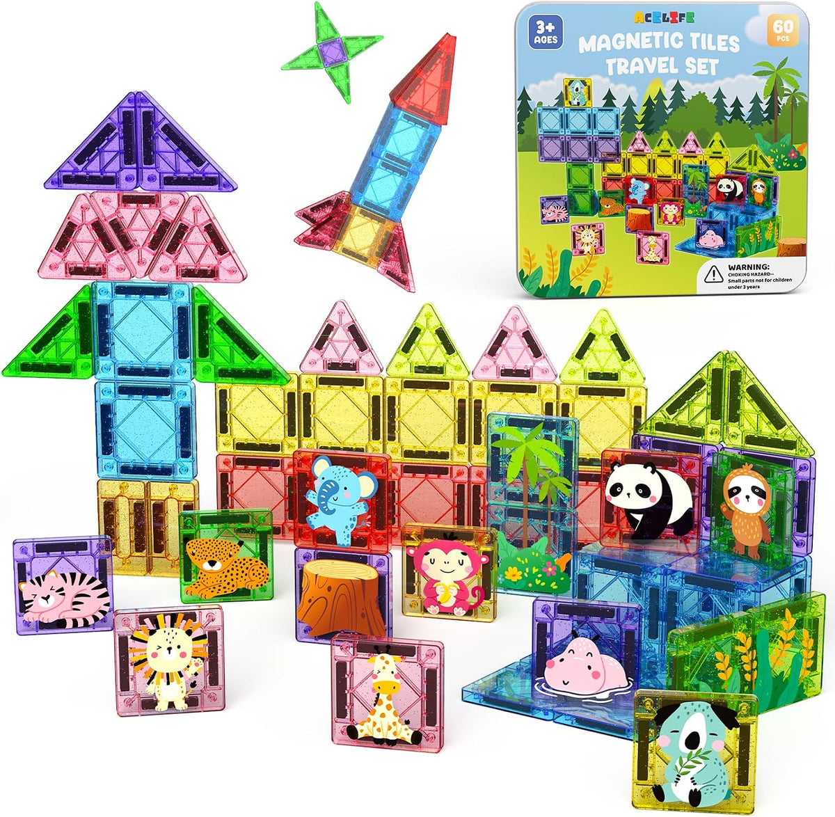 ACELIFE Magnetic Tiles 60Pcs, Animal Jungle Magnetic Travel Toy for Kids, Montessori Portable STEM Mini Magnetic Tiles Travel Set Birthday Gift for Boys Girls Ages 3-8