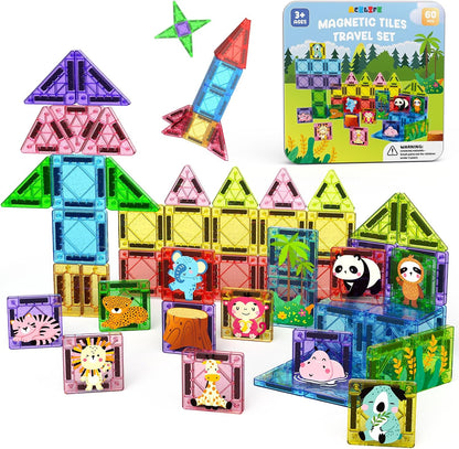 ACELIFE Magnetic Tiles 60Pcs, Animal Jungle Magnetic Travel Toy for Kids, Montessori Portable STEM Mini Magnetic Tiles Travel Set Birthday Gift for Boys Girls Ages 3-8