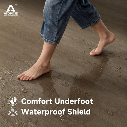 Peel and stick wood effect flooring with waterproof shield for easy home installation and comfort underfoot