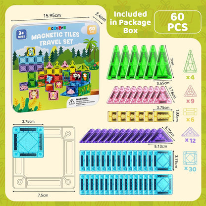 ACELIFE Magnetic Tiles 60Pcs, Animal Jungle Magnetic Travel Toy for Kids, Montessori Portable STEM Mini Magnetic Tiles Travel Set Birthday Gift for Boys Girls Ages 3-8
