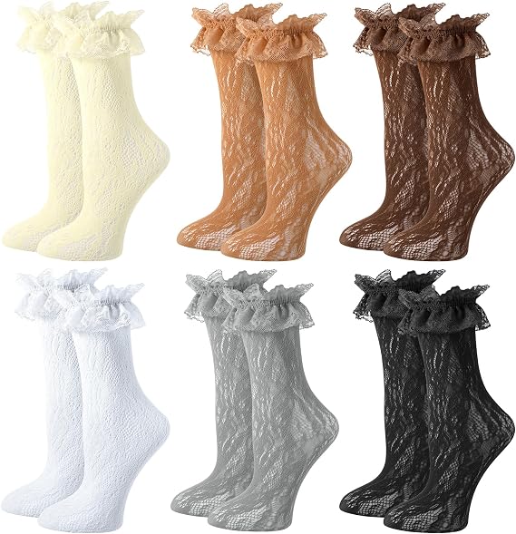 Zuimei 6 Pairs Womens Ruffle Socks,Lace Ruffle Socks,Womens Cotton Cute Ankle Sock for Girls Lolita Princess Accessories (White+dark brown+gray+beige+light brown+black)