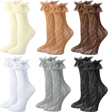 Zuimei 6 Pairs Womens Ruffle Socks,Lace Ruffle Socks,Womens Cotton Cute Ankle Sock for Girls Lolita Princess Accessories (White+dark brown+gray+beige+light brown+black)