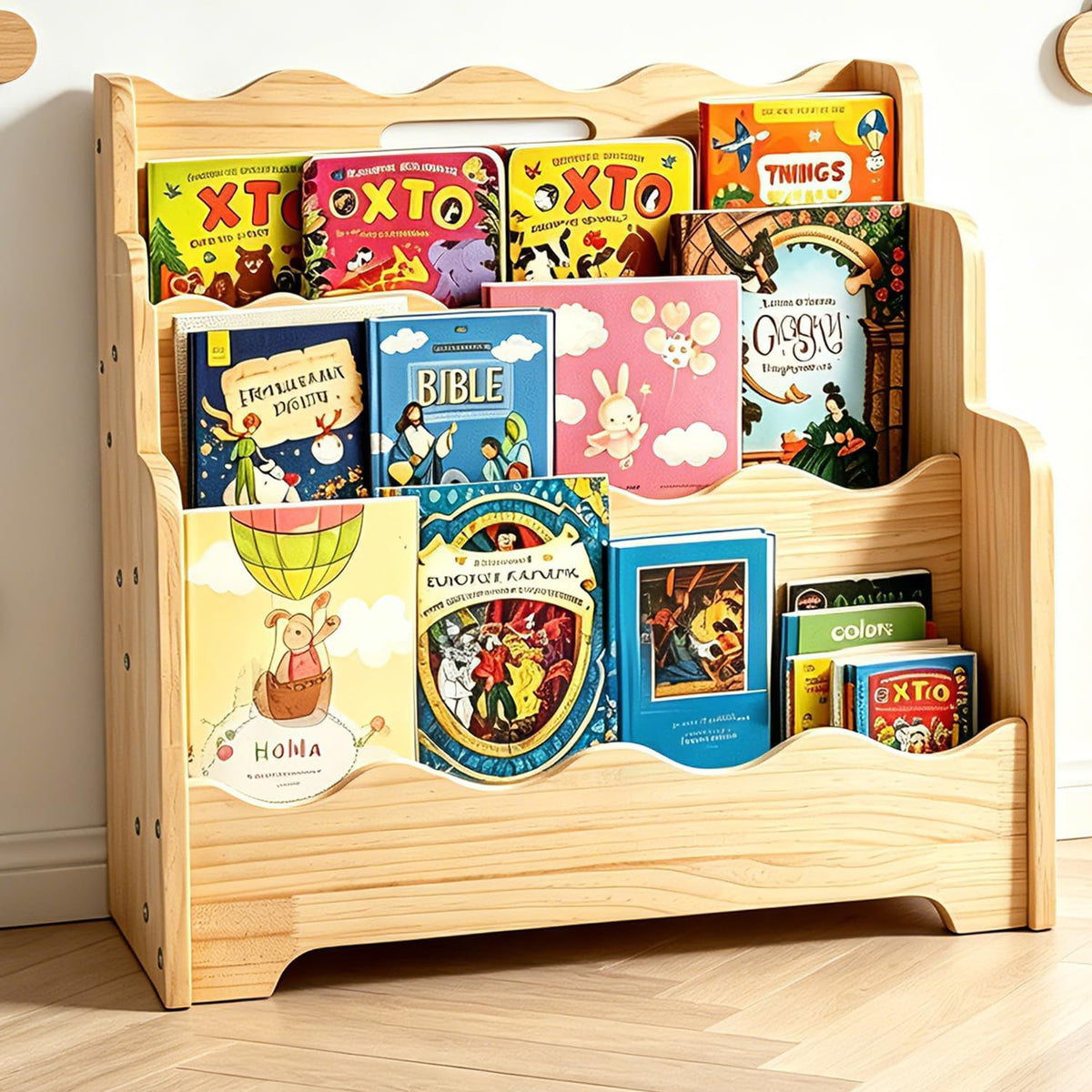 Scalloped Kids Bookshelf, 3-Tier Montessori Toddler Bookcase, Front-Facing Book Organizer with Handle, Solid Pine Wood, Nursery Book Shelves for Bedroom Playroom Classroom & Reading Corner