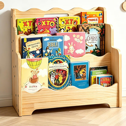 Scalloped Kids Bookshelf, 3-Tier Montessori Toddler Bookcase, Front-Facing Book Organizer with Handle, Solid Pine Wood, Nursery Book Shelves for Bedroom Playroom Classroom & Reading Corner