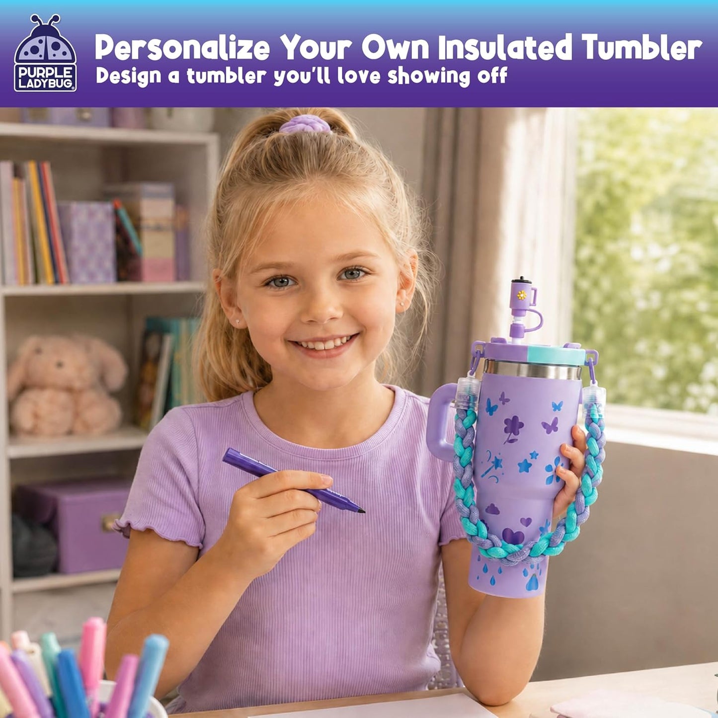 DIY Kids Tumbler with Straw and Lid - 14oz Insulated Stainless Steel Tumbler for Girls