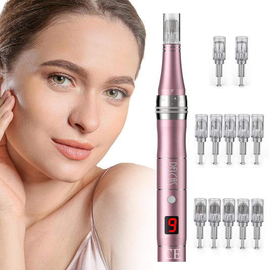 Microneedling Pen 9-Speeds, PELCAS Dermapen with LCD Screen 12 Replacement Pcs