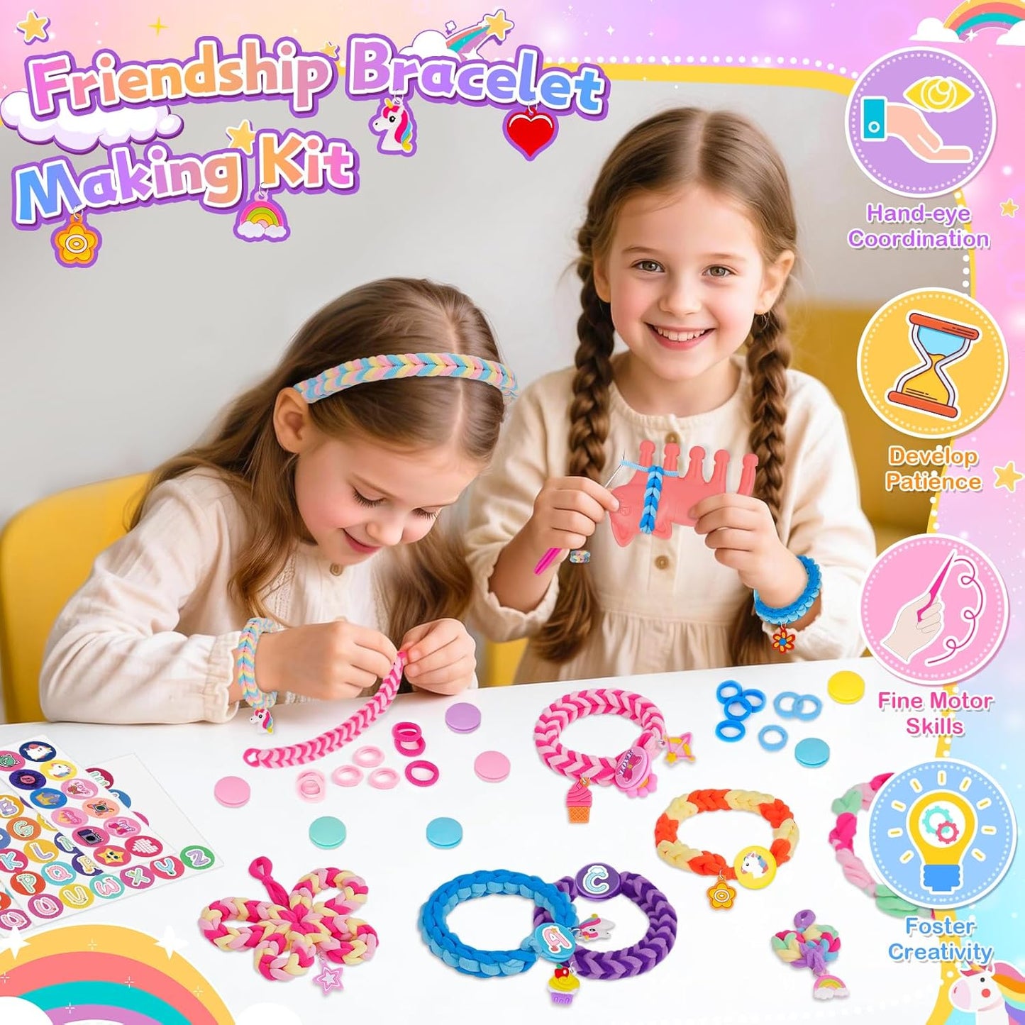 Arts and Crafts for Kids, Friendship Bracelet Making Kit Girls Birthday Presents 5 6 7 8 9 10 Year Old Girls Gifts Kids Craft Set Cotton Rainbow Loom Band Kit with Charms Toys