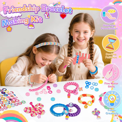 Arts and Crafts for Kids, Friendship Bracelet Making Kit Girls Birthday Presents 5 6 7 8 9 10 Year Old Girls Gifts Kids Craft Set Cotton Rainbow Loom Band Kit with Charms Toys