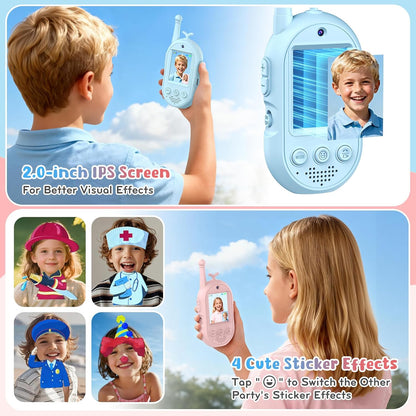 Kids Video Walkie Talkies 2 Pack, Rechargeable Walkie Talkies with Voice Changer & Sticker Effect, Long Range Video Intercom for Indoor Outdoor Games, Birthday Gifts for 3-10 Year Old Boys Girls