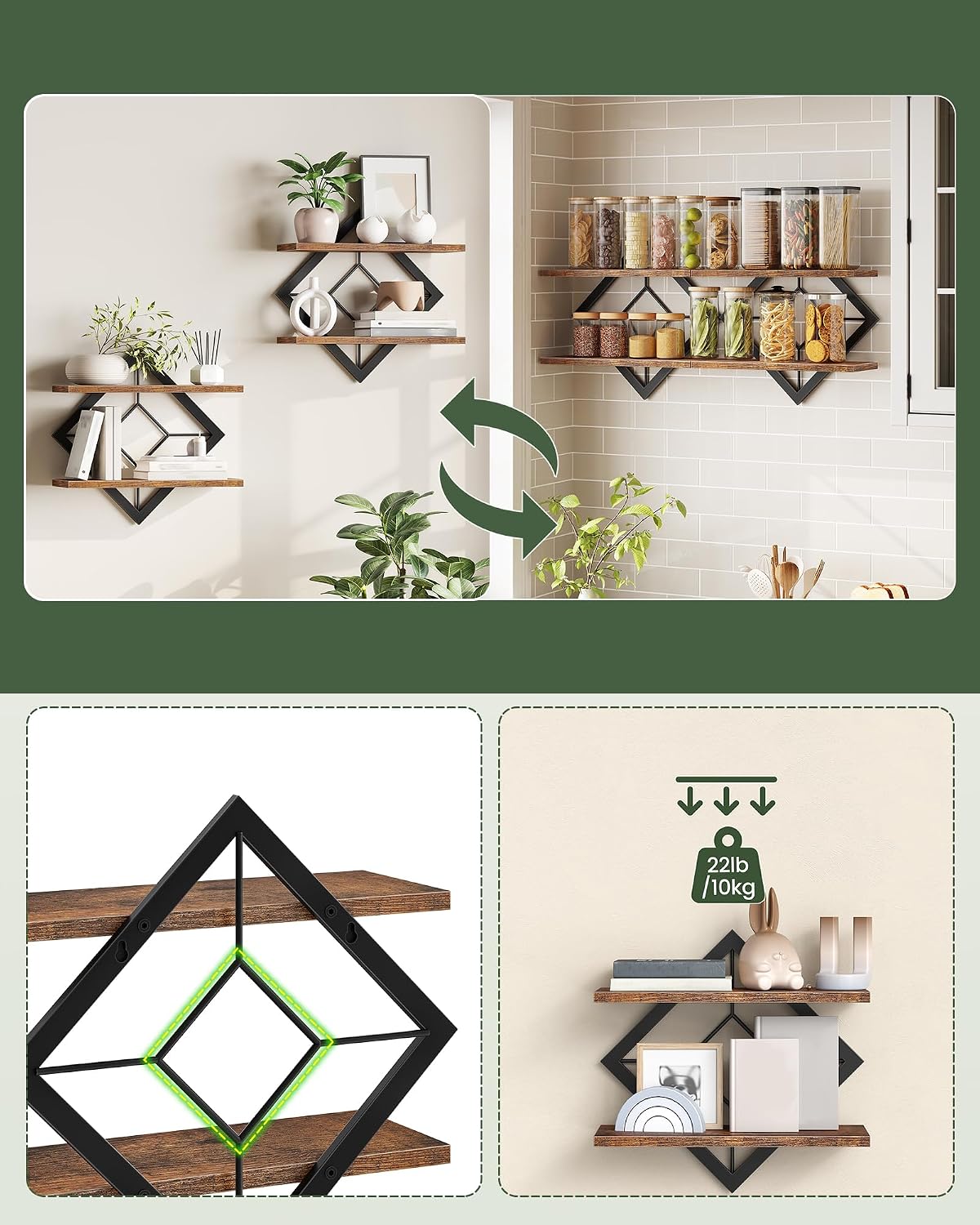 Floating Shelves Set of 2, Diamond-Shaped Wall Shelf, Rustic Brown
