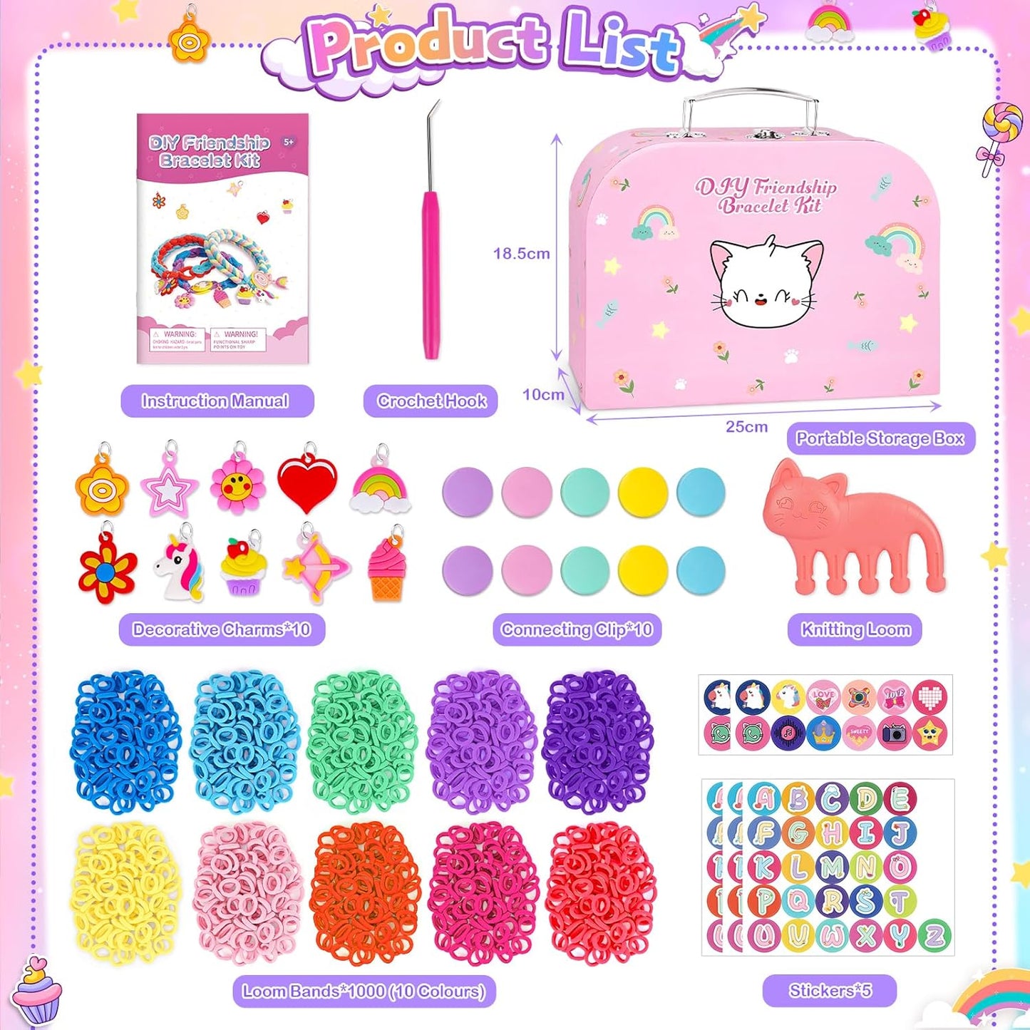 Arts and Crafts for Kids, Friendship Bracelet Making Kit Girls Birthday Presents 5 6 7 8 9 10 Year Old Girls Gifts Kids Craft Set Cotton Rainbow Loom Band Kit with Charms Toys