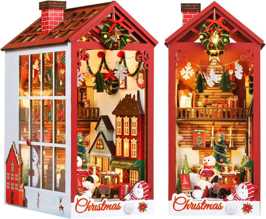 Book Nook, Christmas Miniature House Kit, 3D Puzzle Bookshelf Decoration with LED Light Dollhouse Gift Booknook Kit for Adults