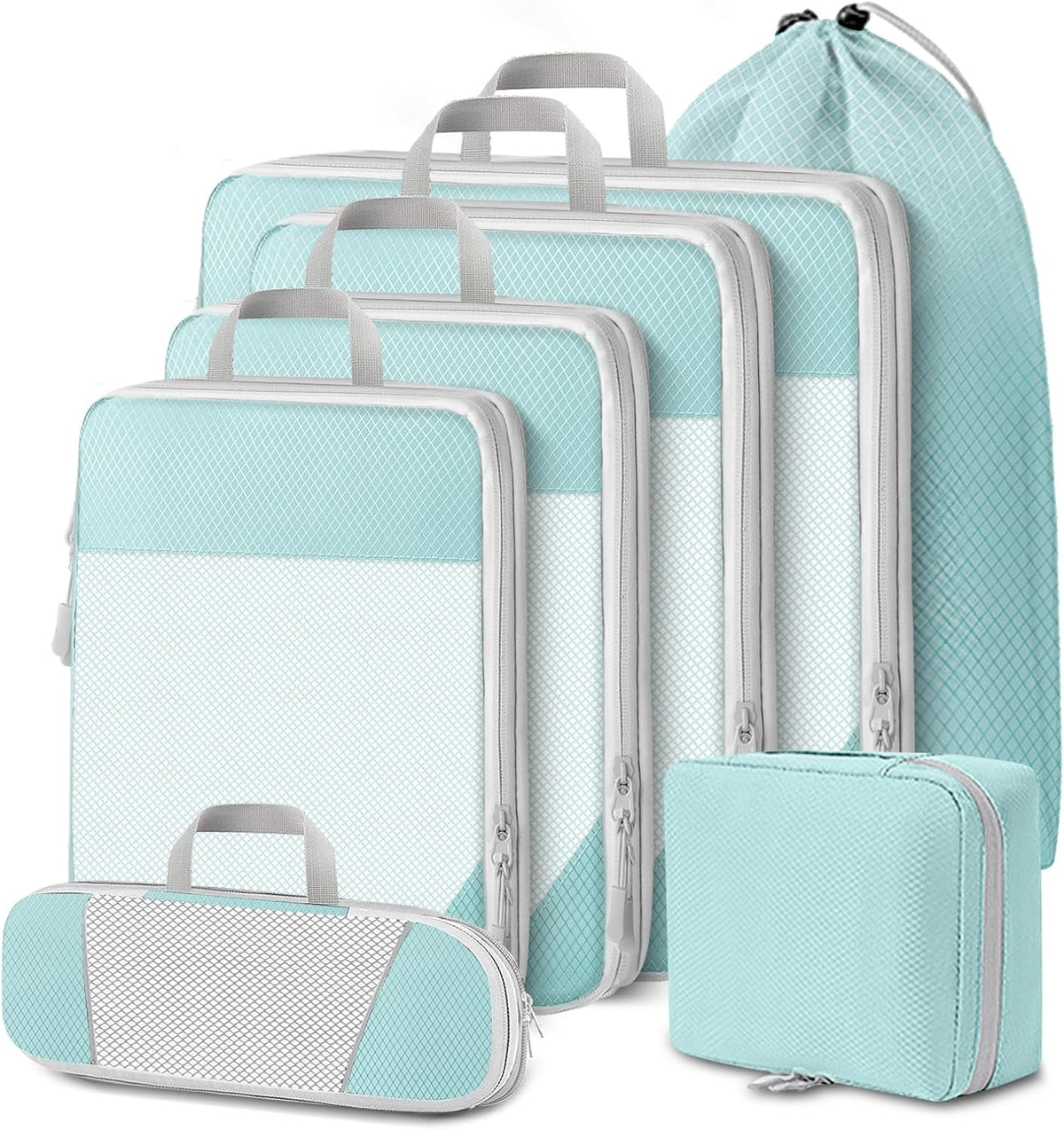 Compression Packing Cubes, 7 PCS Travel Luggage Packing Organizers with Mesh Extensible Suitcase Organiser Bags Set for Travel or Home Storage (Blue)