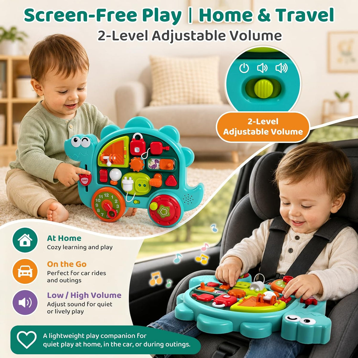 Montessori Dinosaur Busy Board with Music & Light for Toddlers 1 Year Old