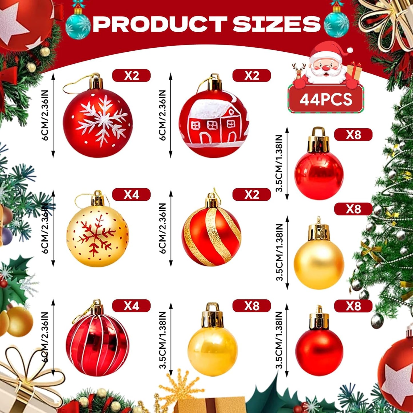 44 Pcs Red and Gold Baubles, Shatterproof Baubles for 2026 Happy New Year, Red Tree Decorations Set with Hanging Ornaments for Xmas Holiday Home Party Decoration