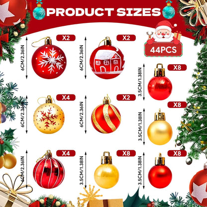 44 Pcs Red and Gold Baubles, Shatterproof Baubles for 2026 Happy New Year, Red Tree Decorations Set with Hanging Ornaments for Xmas Holiday Home Party Decoration