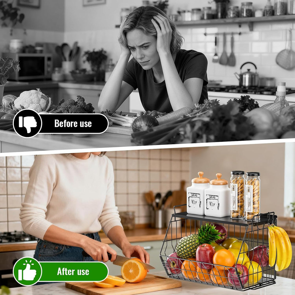 YSD 2-Tier Metal Storage Organizer Stackable Countertop & Wall Mount Shelf for Kitchen, Bathroom, Laundry - Hanging Fruit Basket, Vegetable Rack for Fruits, Veggies, Toiletries & Household Items