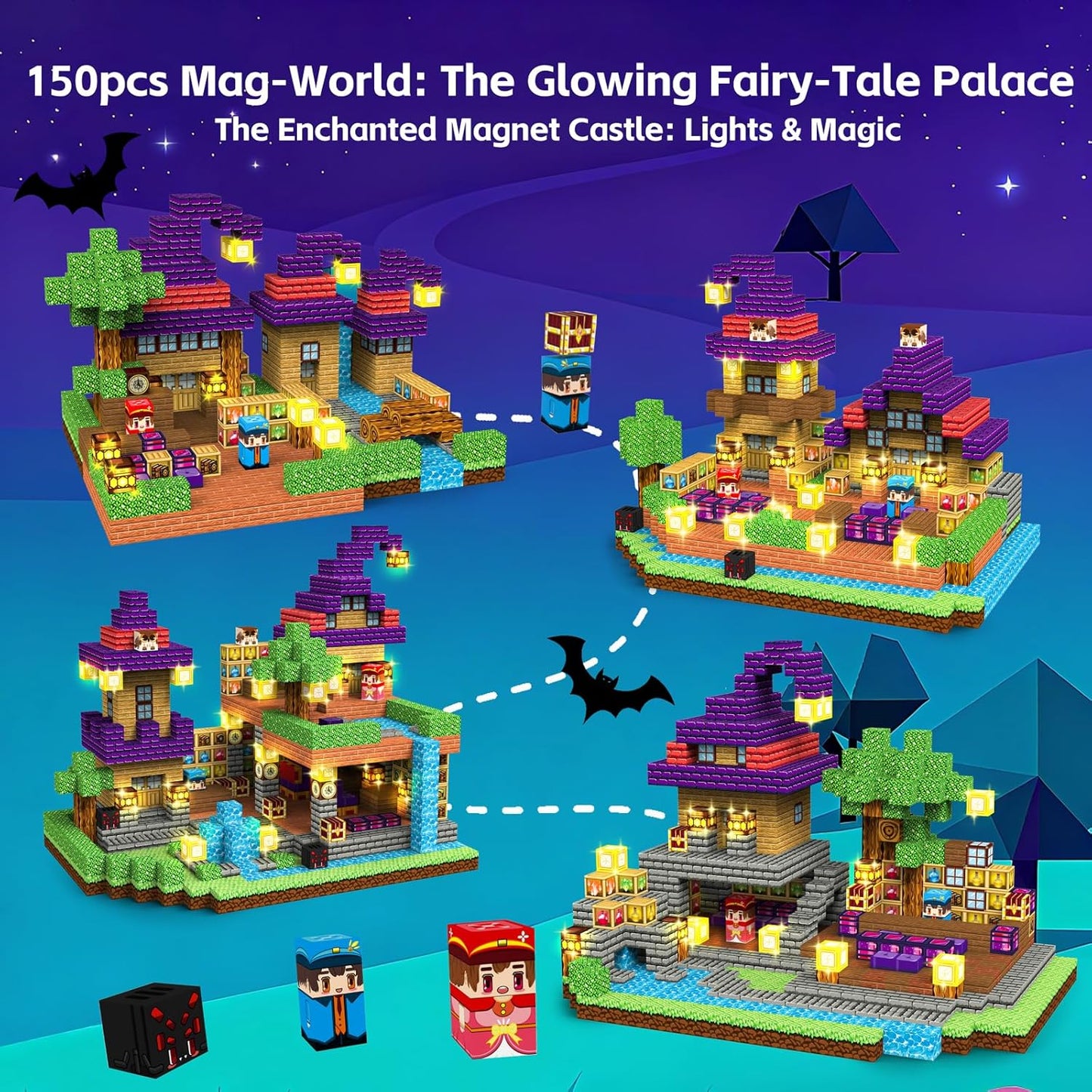 150pcs Magnetic Blocks - Magnetic School Castle Set with Light Up Blocks - Kids Classroom Sensory Toy for Toddlers STEM, Construction Stacking Toy Kids 3+ Boys Girls Christmas Birthday Gifts